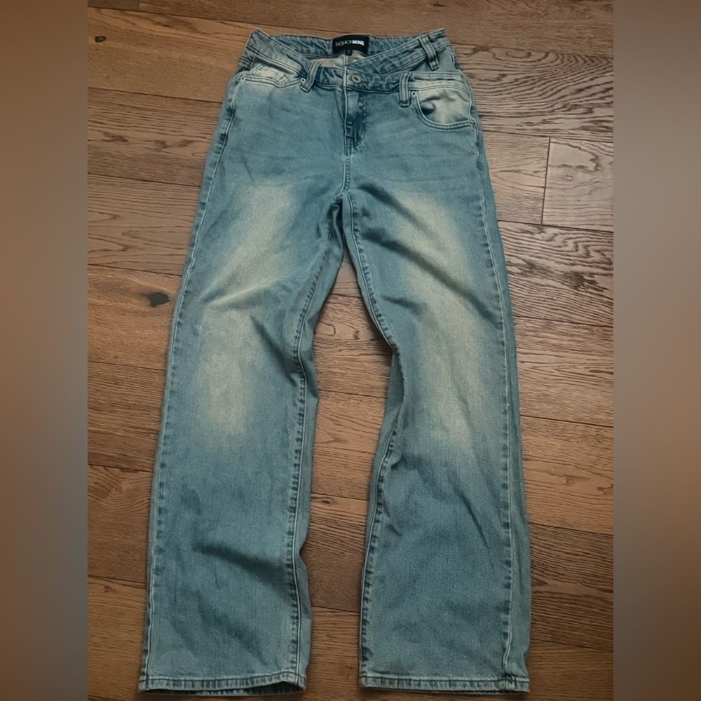 Light Wash Blue Denim Criss-Cross Waist Jeans
